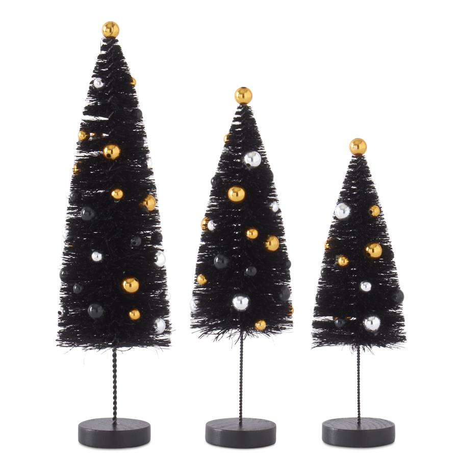 Black Bottle Brush Trees w/ Black, Silver & Gold Balls