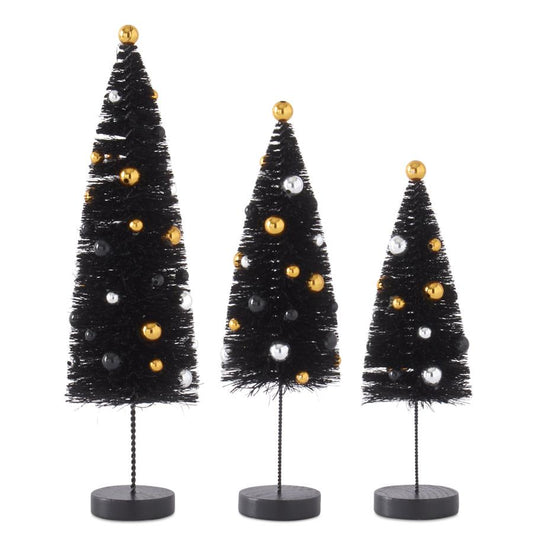 Black Bottle Brush Trees w/ Black, Silver & Gold Balls
