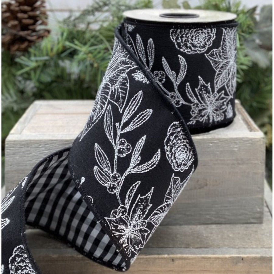 Reversable Jacquard Holly Wired Ribbon