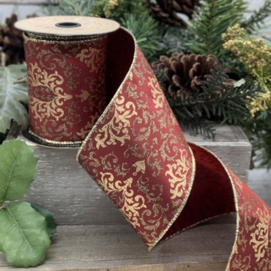 Gold Glitter Damask Wired Ribbon