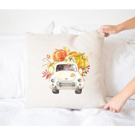White Vintage Truck w/ Pumpkins Pillow