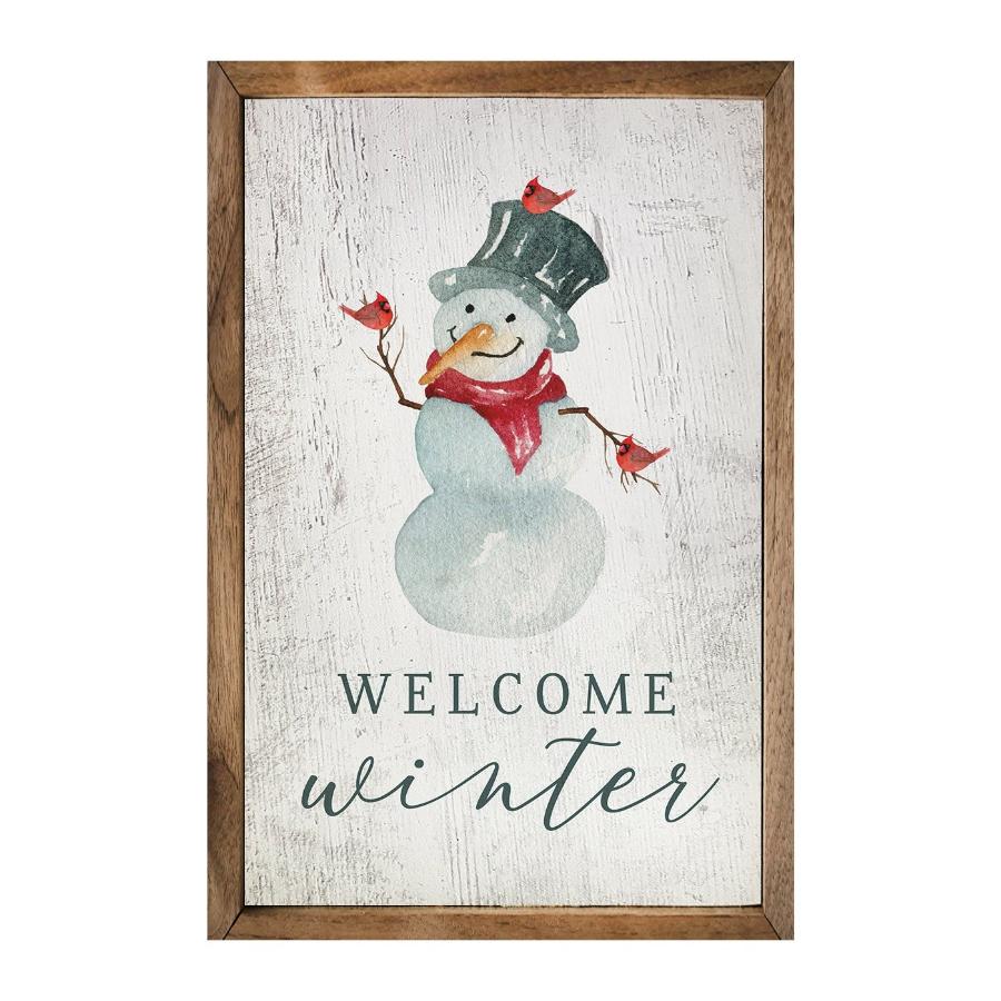 Welcome Winter Snowman Whitewash Framed Picture (5 x 8)