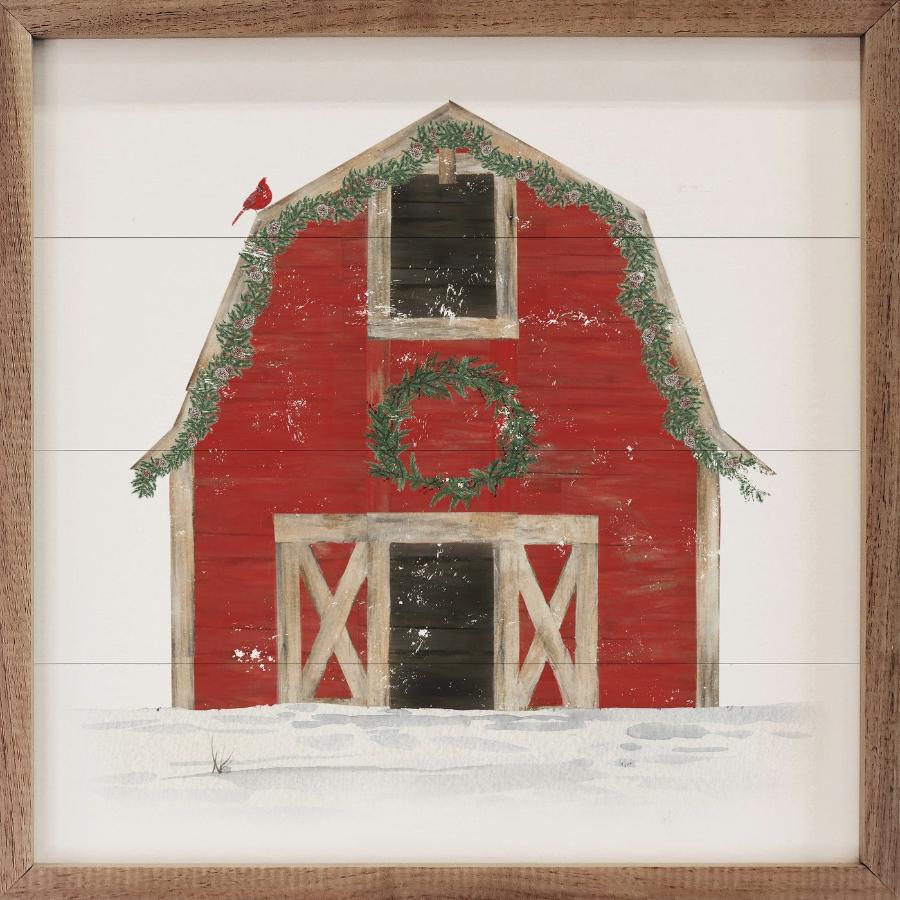 Red Barn with Wreath Cardinal Framed Picture (16 x 16)