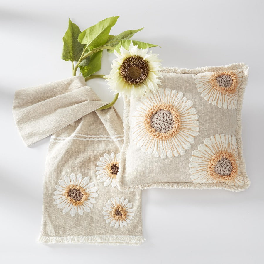 Tan Linen Table Runner w/ Embroidered Sunflowers