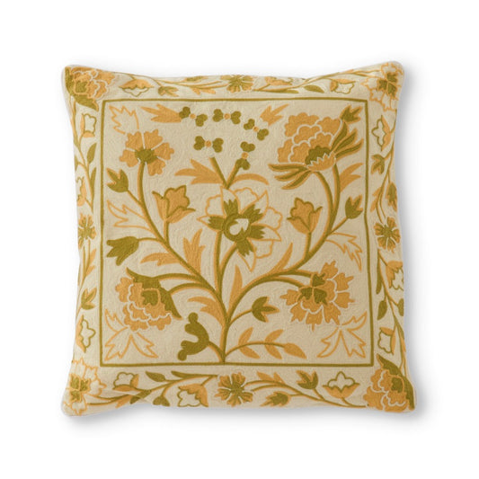 Square Hand Embroidered Cream & Green Floral Pillow