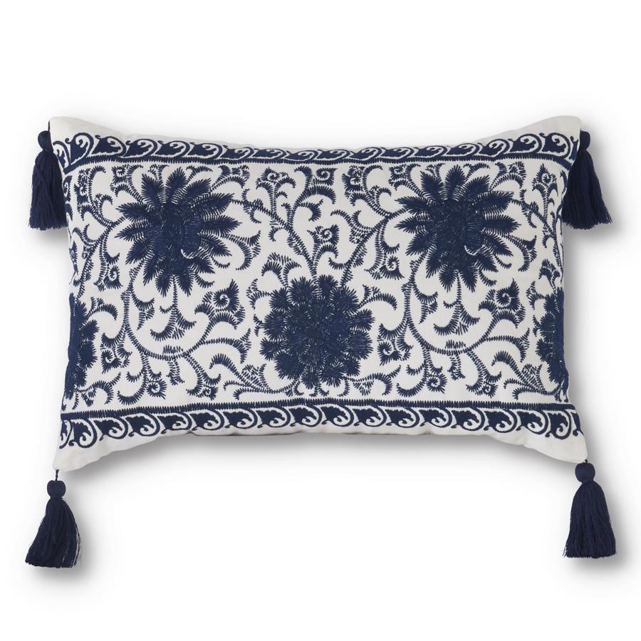 Rectangular White & Blue Embroidered Mandala Pillow w/ Tassels