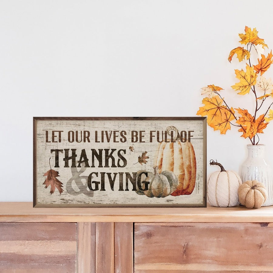 Thanks & Giving Pumpkins Whitewash Framed Picture (16 x 8)