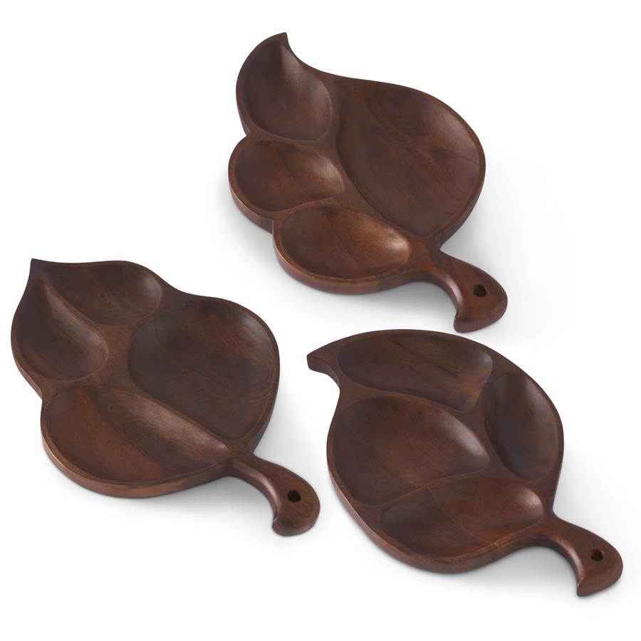 Carved Wood Divided Leaf Trays