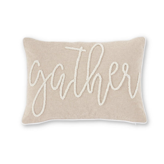 Tan White Beaded "Gather" Rectangular Pillow