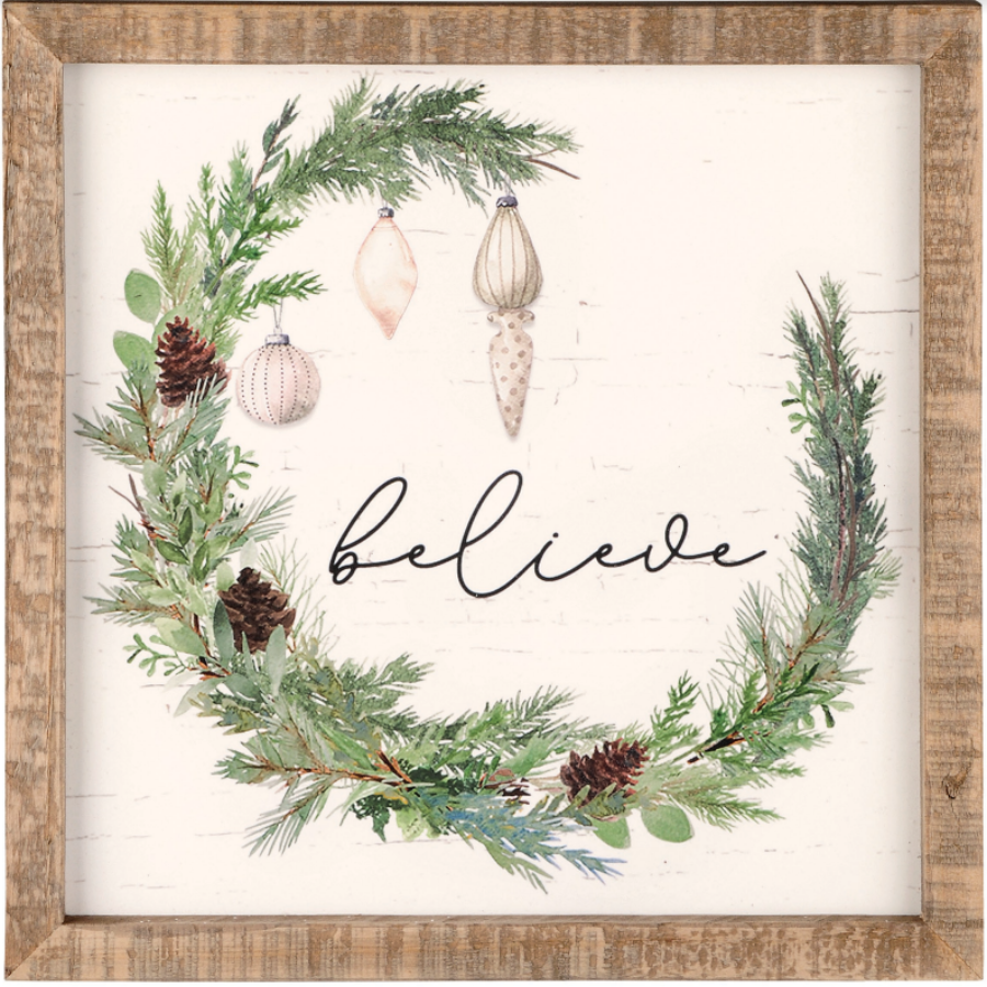Believe Christmas Wreath Framed Sign