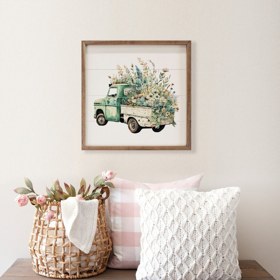 Green Truck w/ White Box Flowers Framed Picture