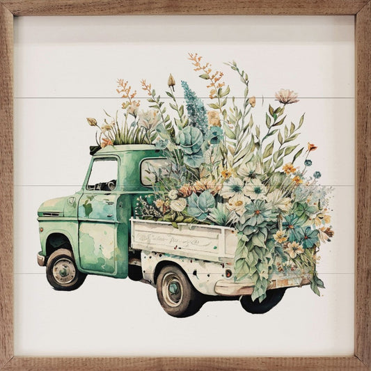 Green Truck w/ White Box Flowers Framed Picture