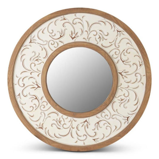 Round Natural & Whitewashed Embossed Scroll Mirror