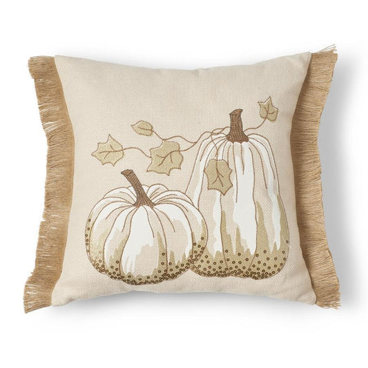 Cream Square Pillow w/ Tan Fringe & Embroidered Pumpkins
