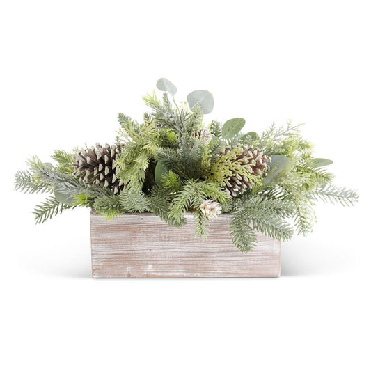 Frosted Fir Pine w/ Eucalyptus & Pinecones in Wood Planter