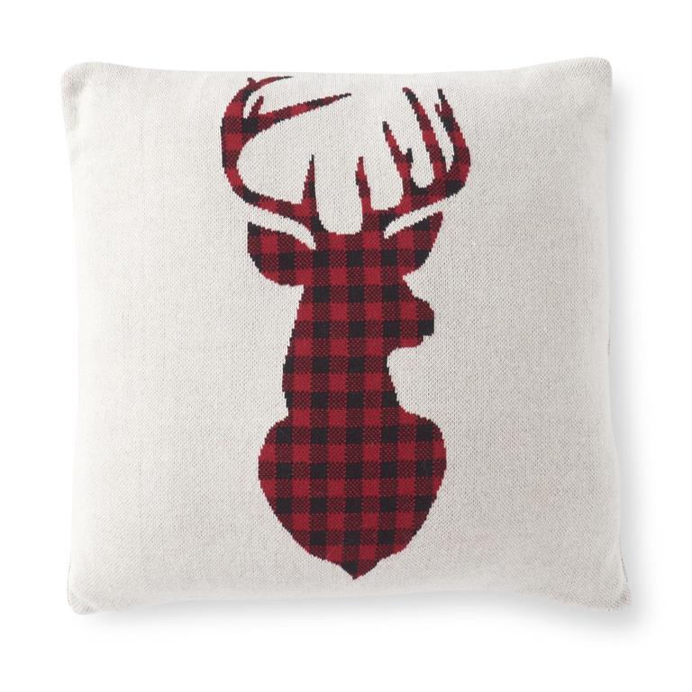 Cream Knit Pillow w/ Red & Black Buffalo Check Deer Bust