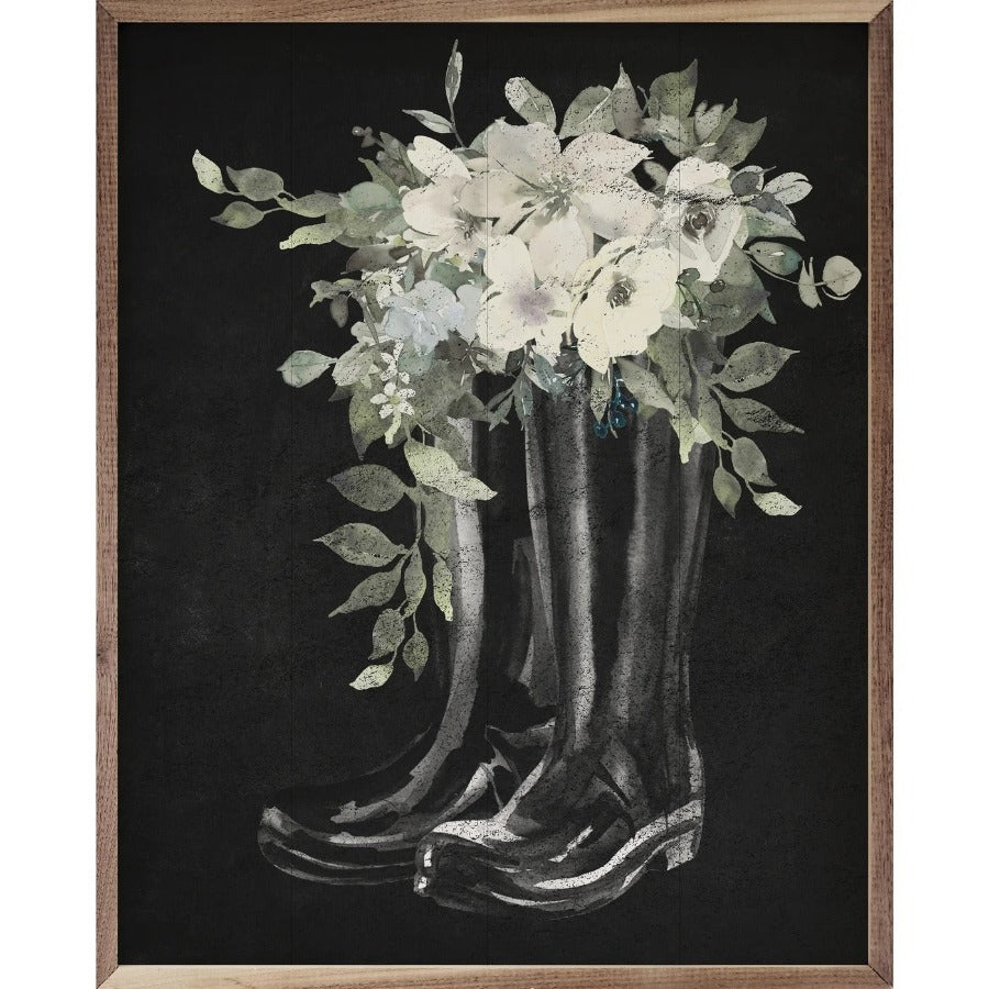 Boots with Flowers Black Framed Picture