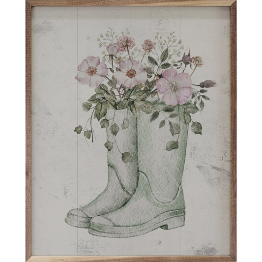 Boots with Flowers Green Framed Picture